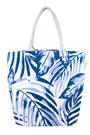 Tote bag with blue leaf pattern on a white background