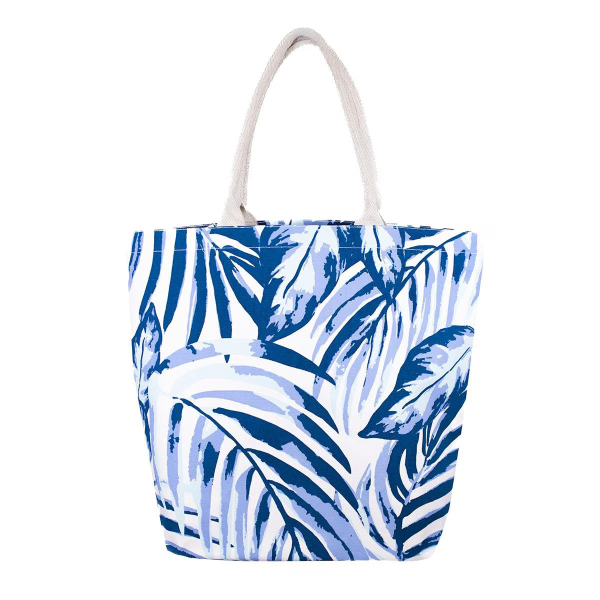 Tote bag with blue leaf pattern on a white background