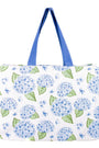 Tote bag with blue floral pattern on a white background