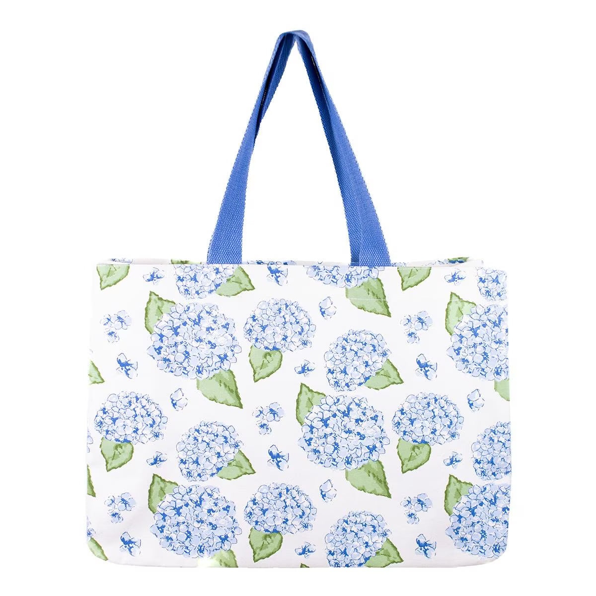Tote bag with blue floral pattern on a white background