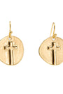 Gold earrings with cross designs on a white background