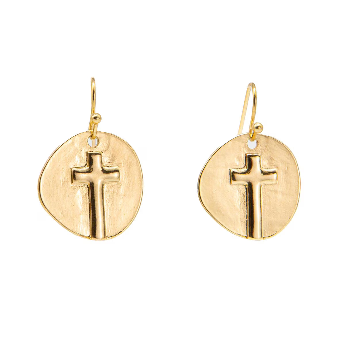 Gold earrings with cross designs on a white background