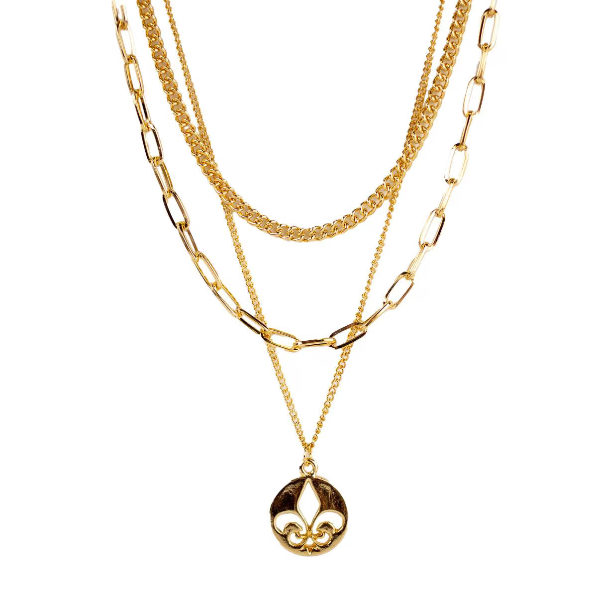Three gold necklaces with a pendant on a white background