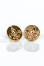 Pair of gold fleur-de-lis earrings on a white background