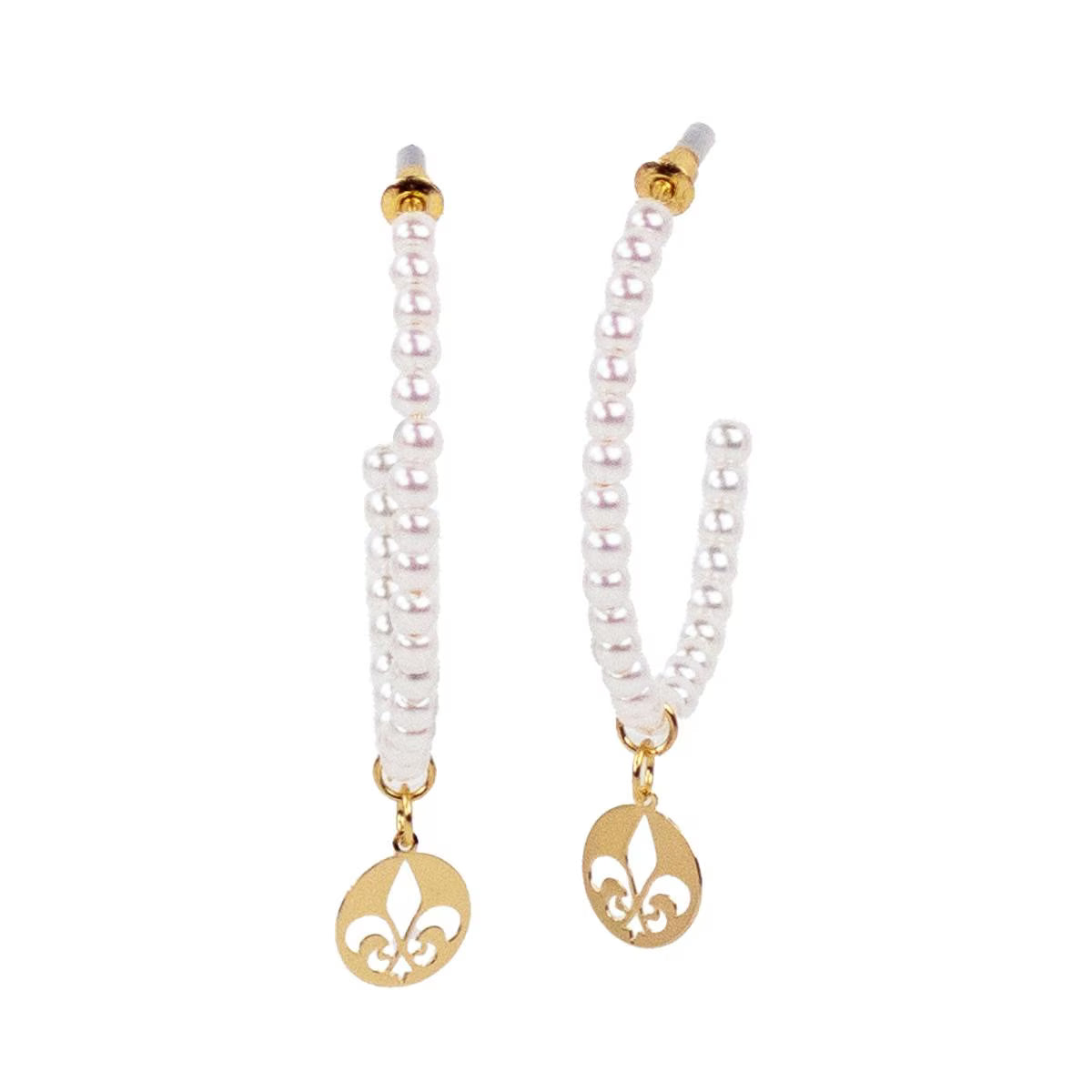 Pearl necklace with gold pendants on a white background