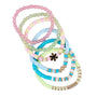 Set of colorful beaded bracelets on a white background