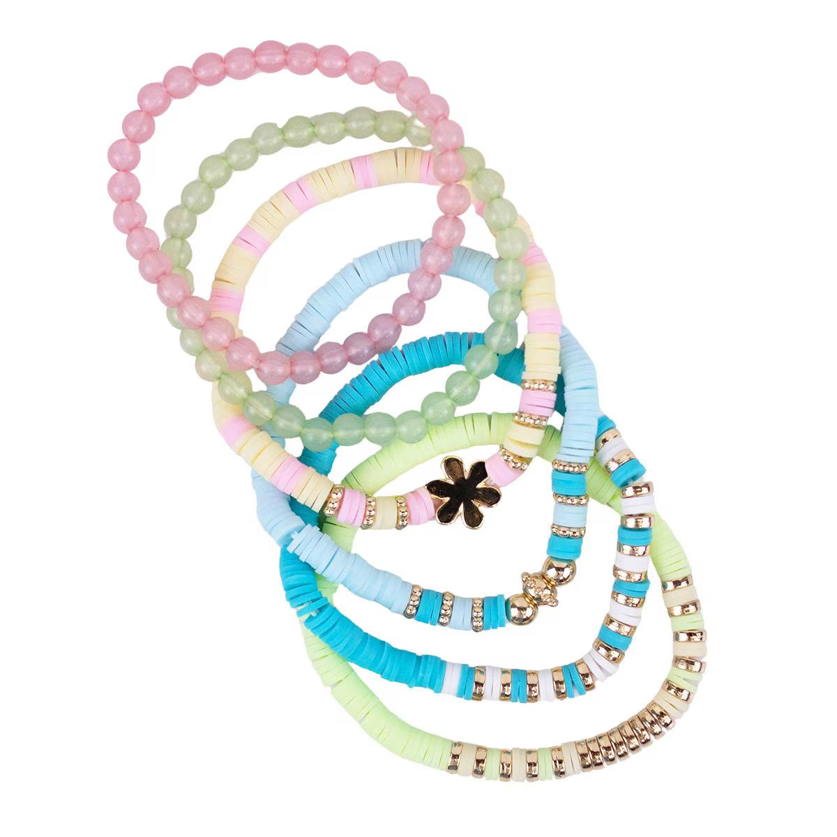 Set of colorful beaded bracelets on a white background