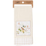 Kitchen towel with floral design and bird illustration on a white background