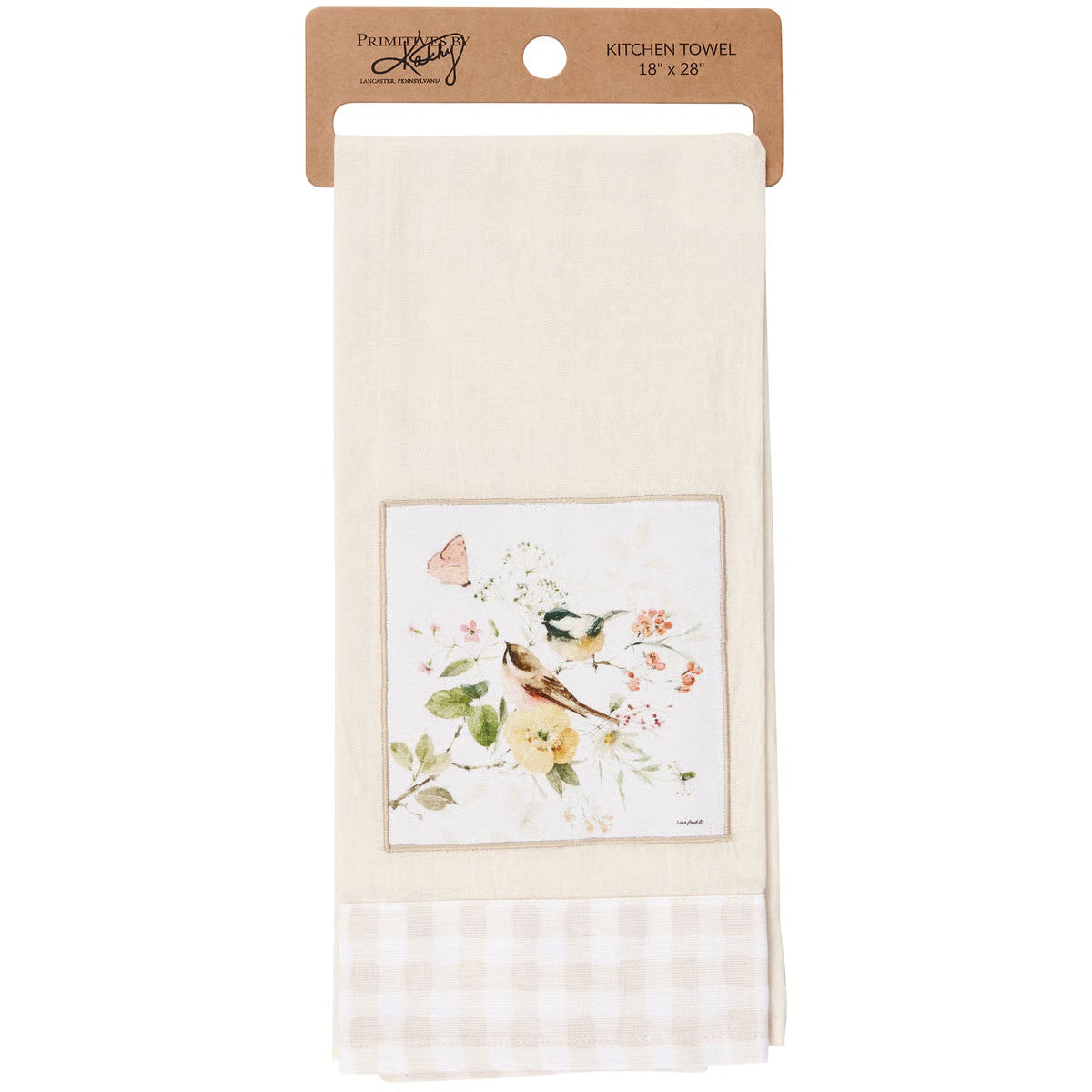 Kitchen towel with floral design and bird illustration on a white background