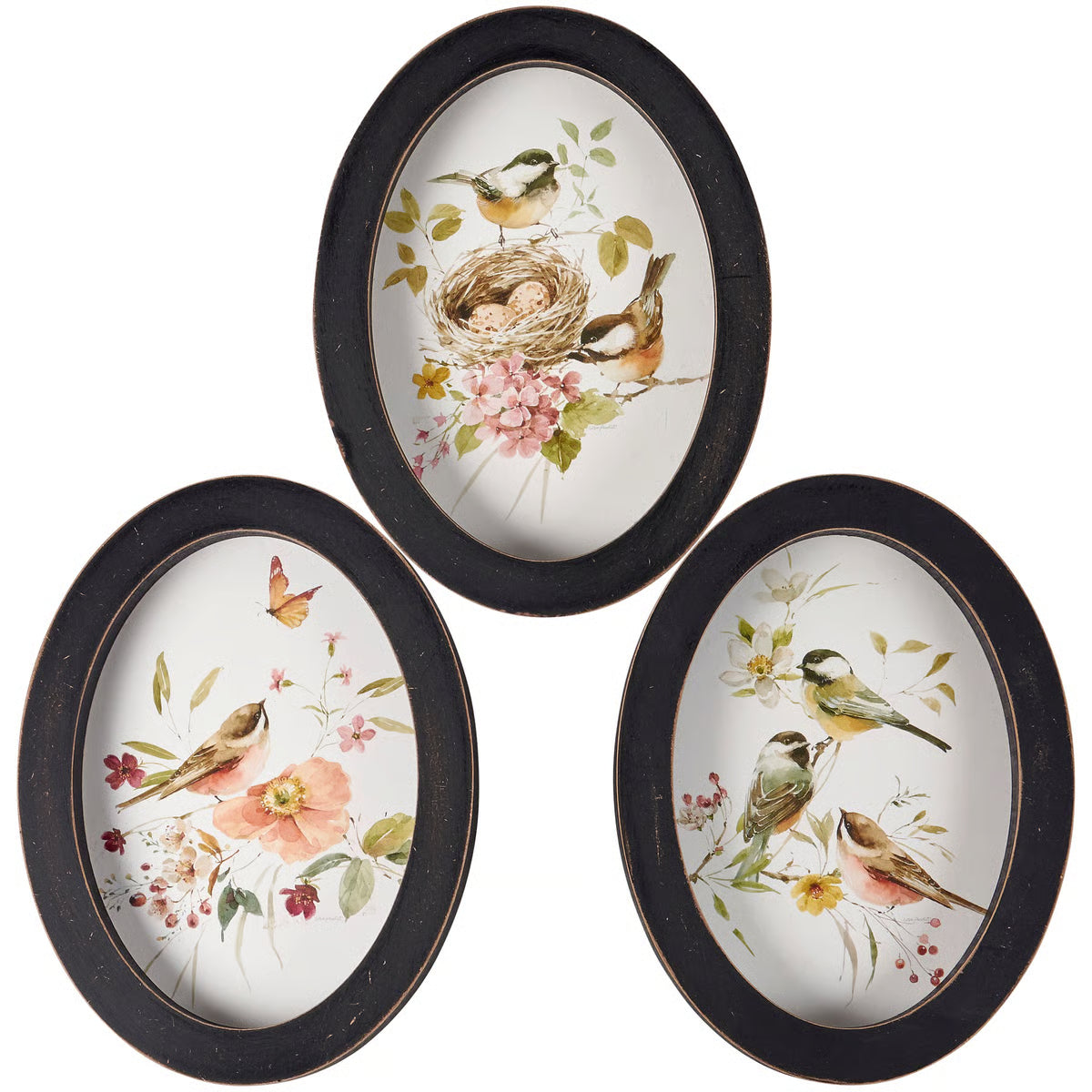 Three oval wall art pieces with bird and floral designs on a white background