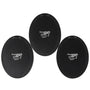 Three black practice pads with a logo on a white background