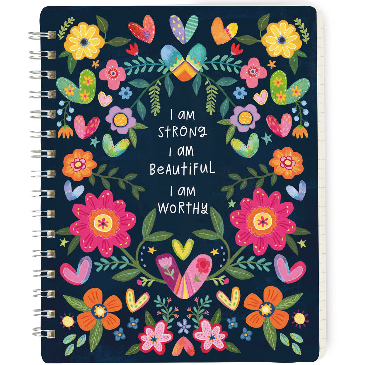 Notebook cover with colorful floral design and motivational text on a dark blue background