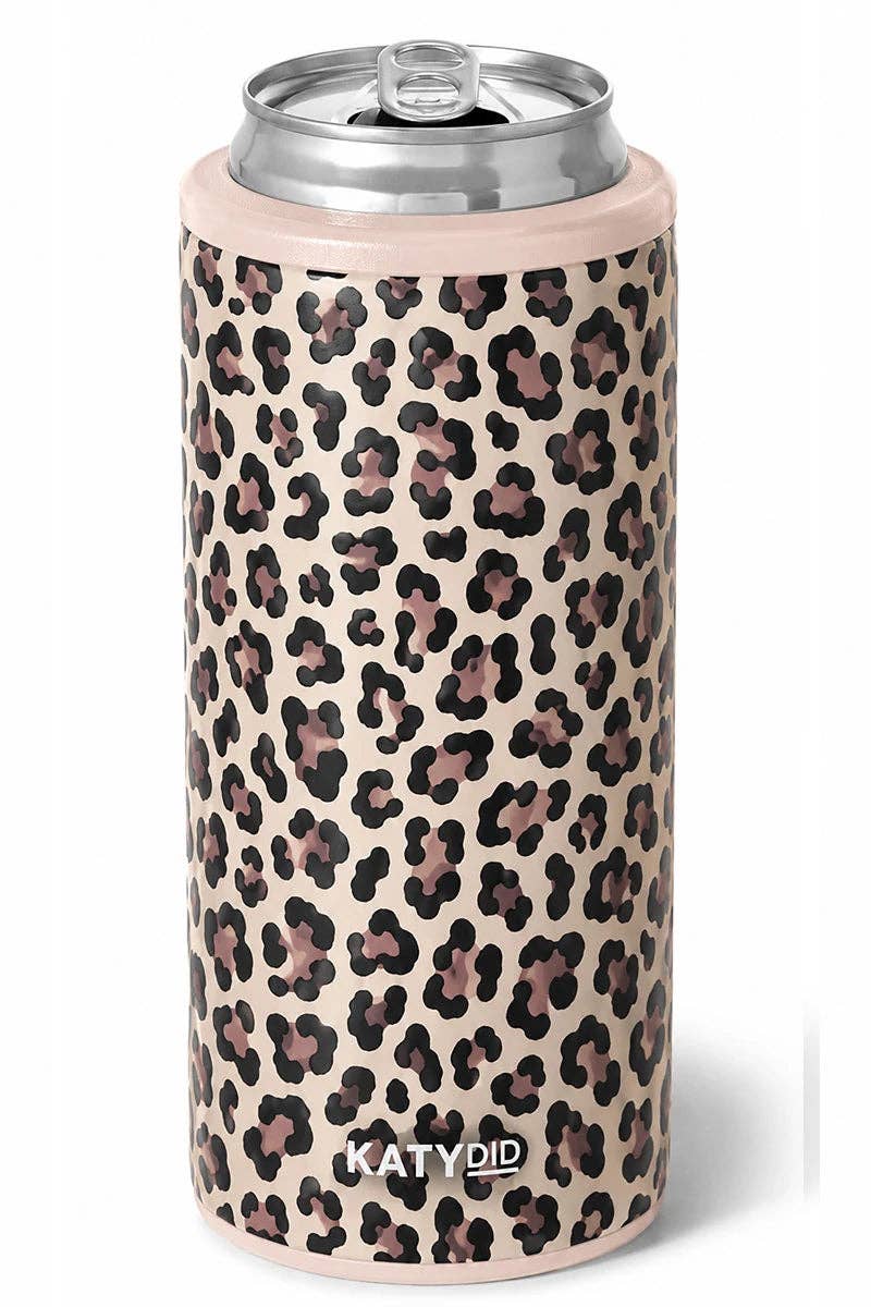 Slim can sleeve in brown leopard print with KATYDID logo