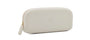 Cream colored silicone eyeglass case with Peepers logo on a white and blue striped background