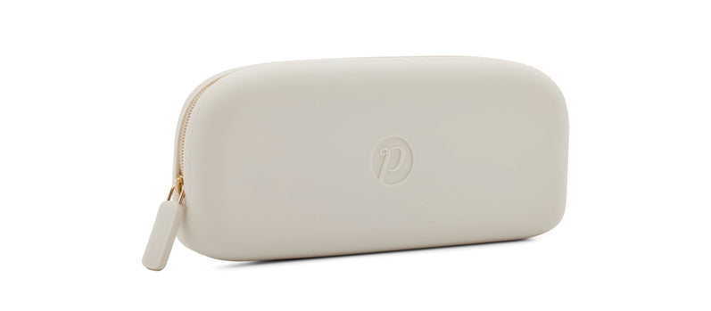 Cream colored silicone eyeglass case with Peepers logo on a white and blue striped background
