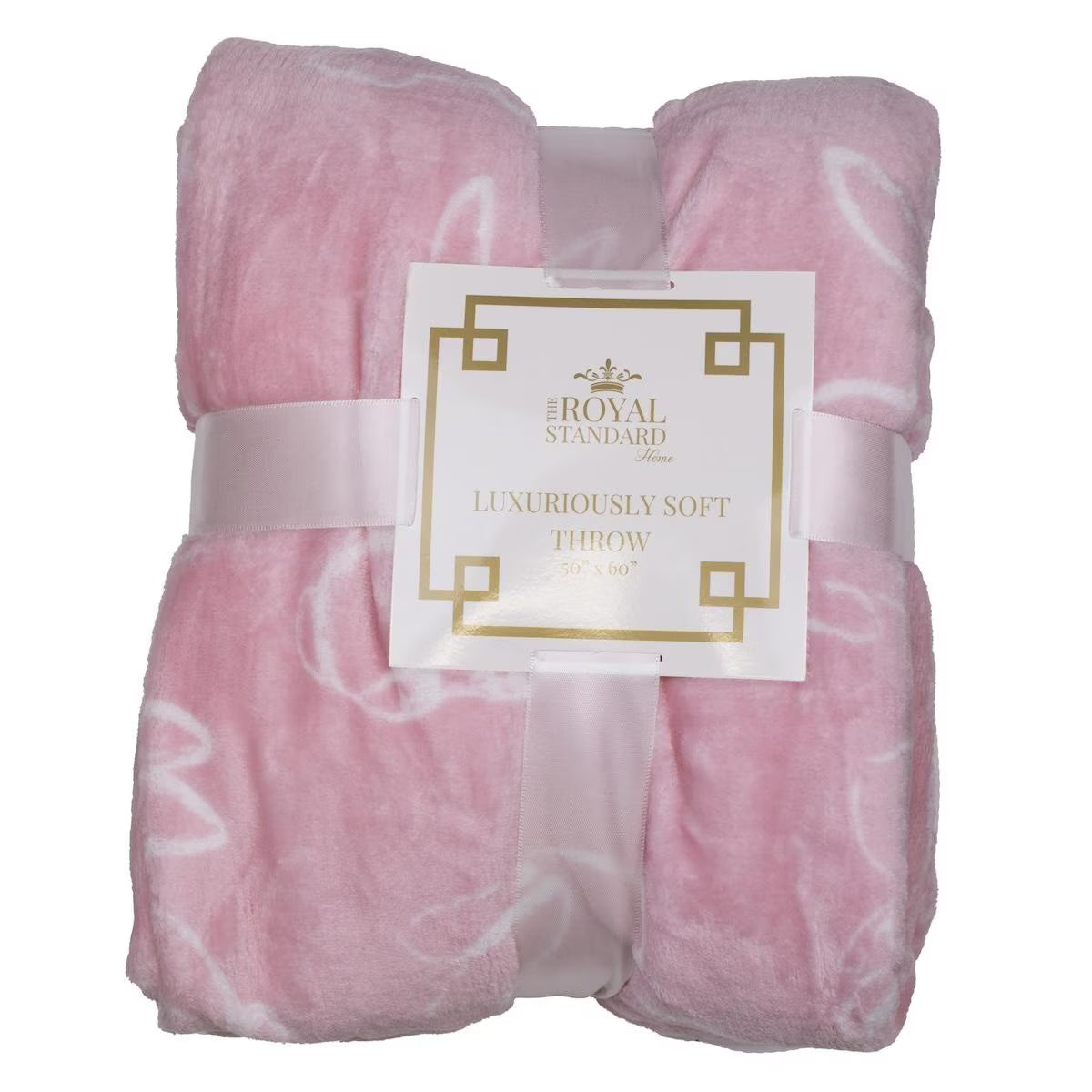 Pink throw blanket with a 'Royal Standard' label on a white background
