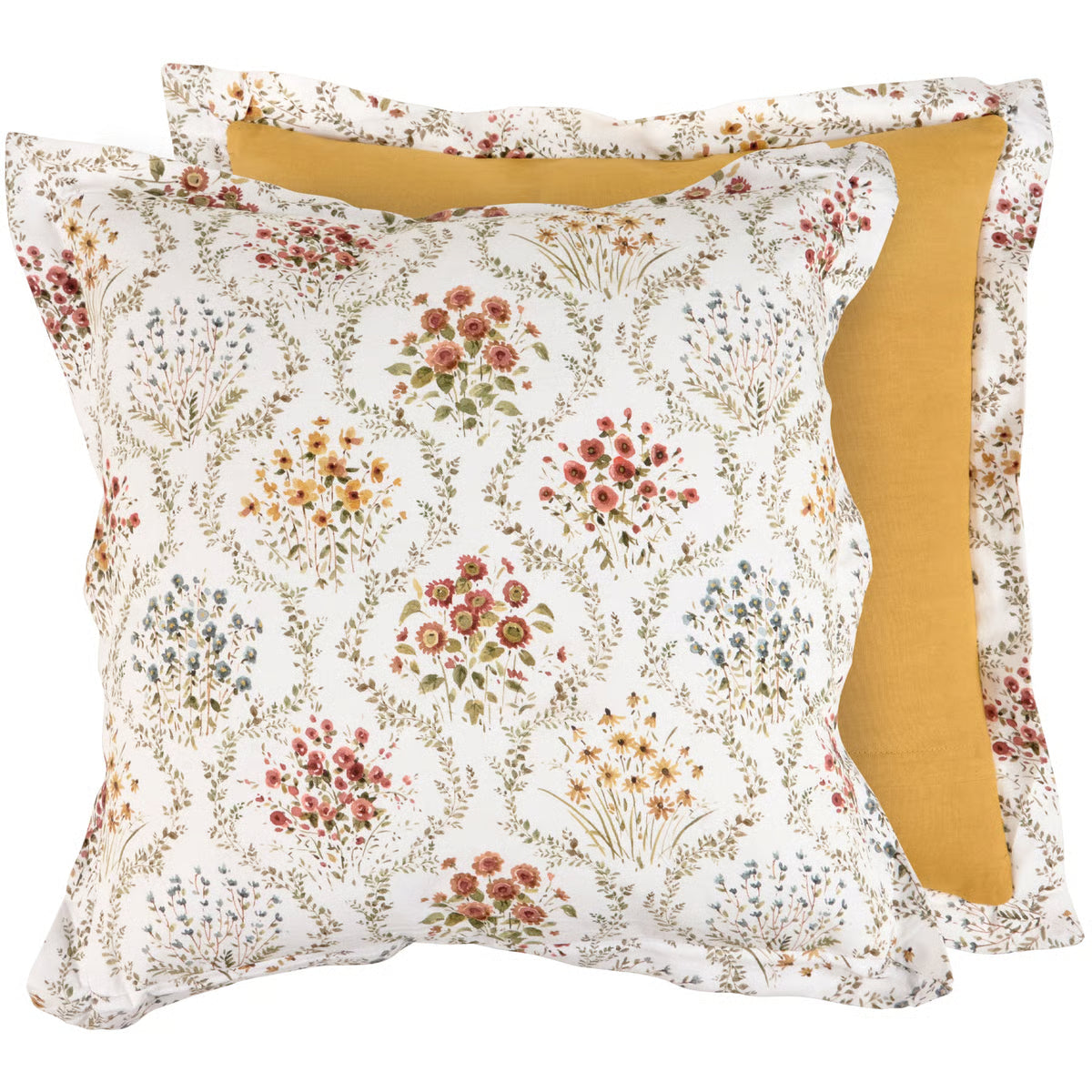 Floral-patterned pillow with a yellow accent on a white background