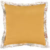 A square mustard yellow throw pillow with a white floral lace trim along the edges, shown against a plain white background.