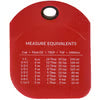A red plastic measuring device with a hanger loop at the top and printed measurement guides for angles and dimensions, shown against a plain white background.
