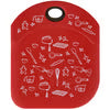 A red silicone kitchen utensil holder with a white printed graphic of various cooking tools and ingredients, featuring a hanging loop at the top.