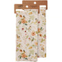 Two floral kitchen towels with bird designs on a white background