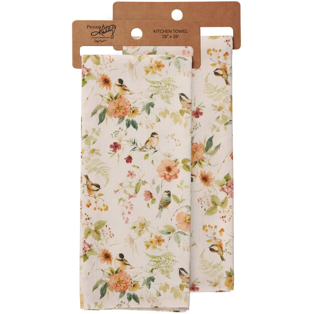Two floral kitchen towels with bird designs on a white background