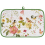 Floral and bird patterned pot holder with green border on a white background