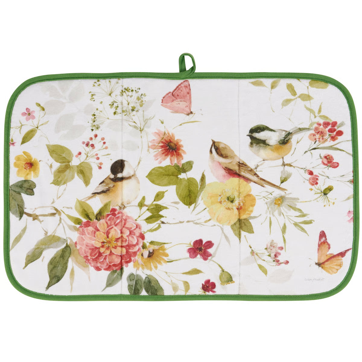 Floral and bird patterned pot holder with green border on a white background