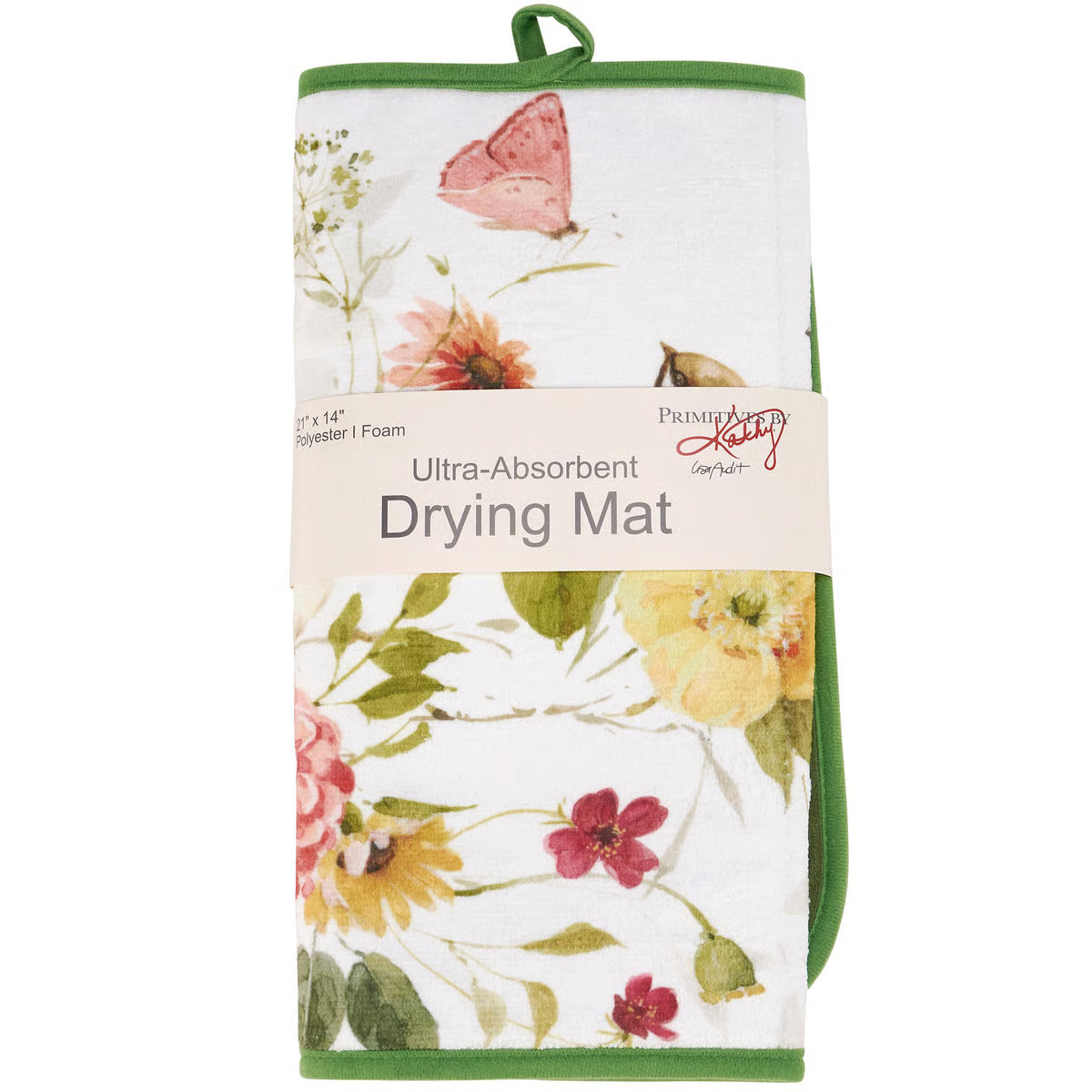 Floral-patterned drying mat with a green border on a white background