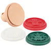 Four round silicone or rubber stamp-like pieces in peach, red, white, and green, arranged in a fan shape on a plain white background.