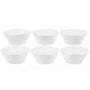 Six small white ceramic bowls arranged in two rows on a plain white background.