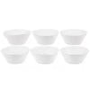 Six small white ceramic bowls arranged in two rows on a plain white background.