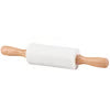 A white marble rolling pin with light natural wood handles, shown against a plain white background.