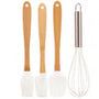 Four kitchen utensils with light wood handles and white silicone heads, including a whisk, spatula, spoon, and brush, arranged vertically on a white background.