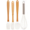 Four kitchen utensils with light wood handles and white silicone heads, including a whisk, spatula, spoon, and brush, arranged vertically on a white background.