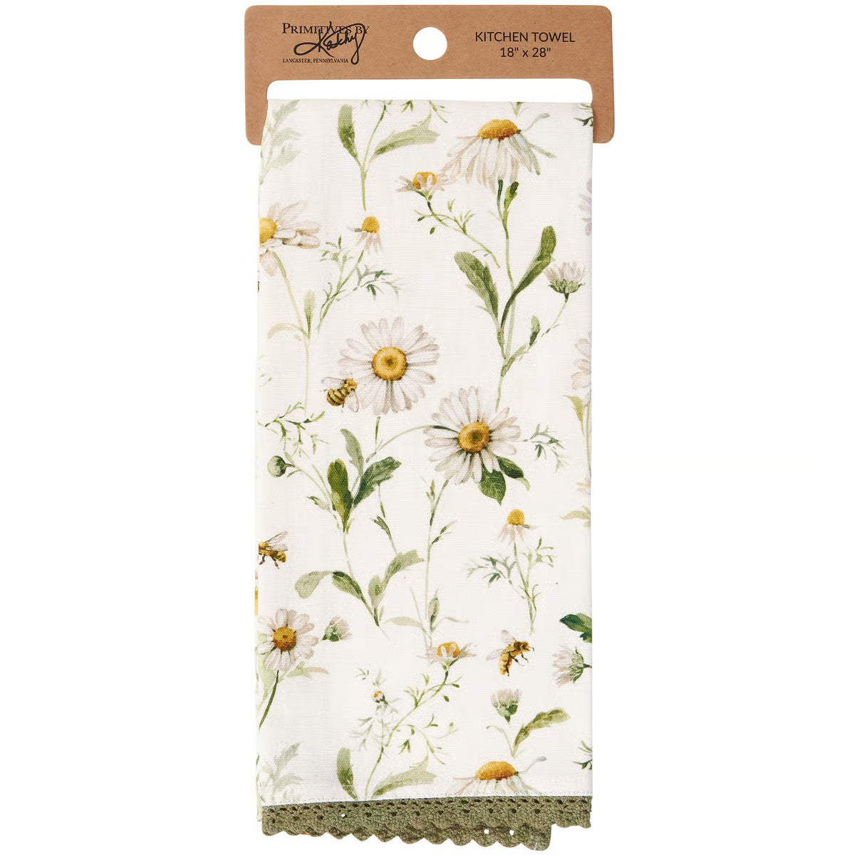 Kitchen towel with floral design and bee pattern on a white background