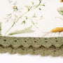 Close-up of floral fabric with a green crochet border