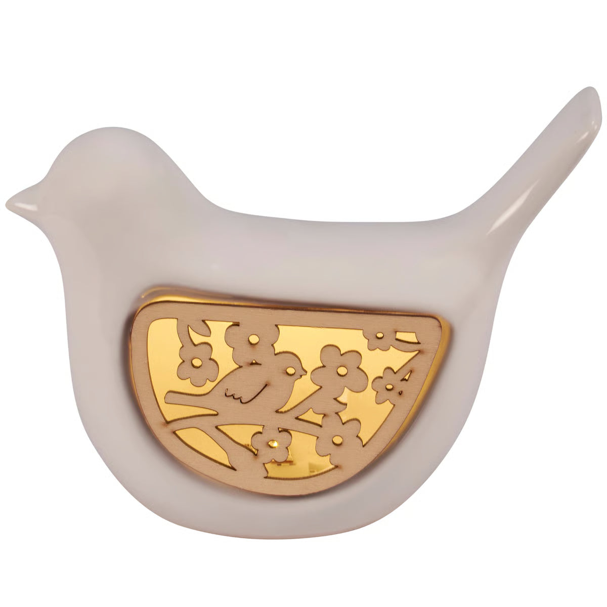 Decorative ceramic bird with gold inlay on a white background