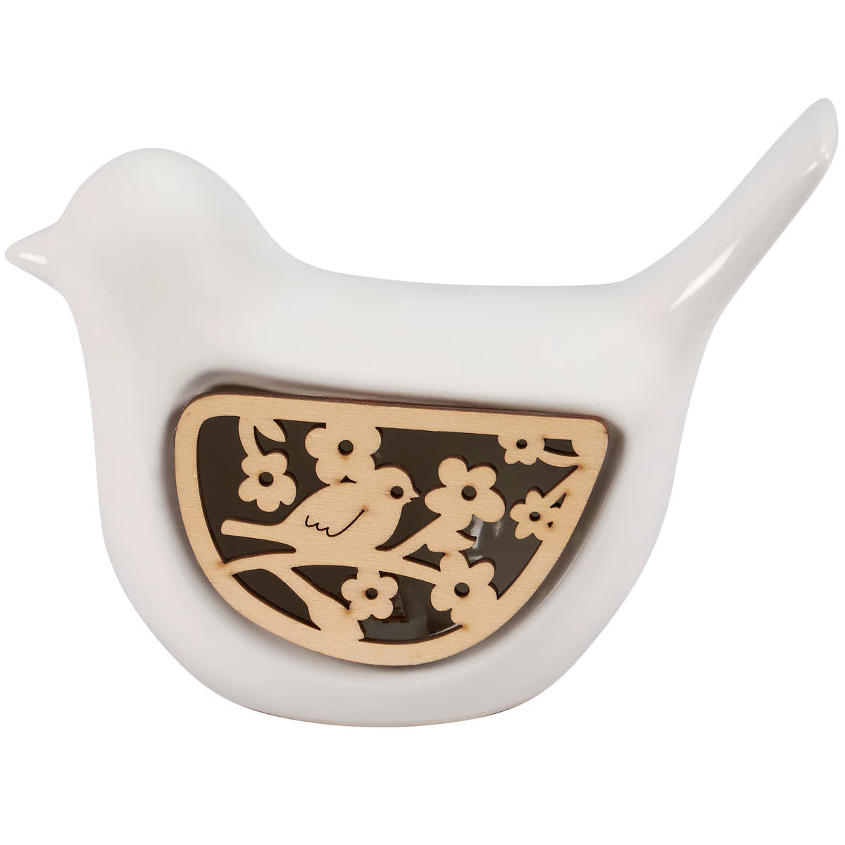 White ceramic bird-shaped object with a decorative wooden insert on a white background