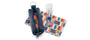 Blue keychain pouch, colorful striped pouch, and white bottle on a white background