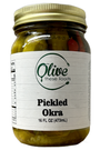 Jar of pickled okra with a label on a white background