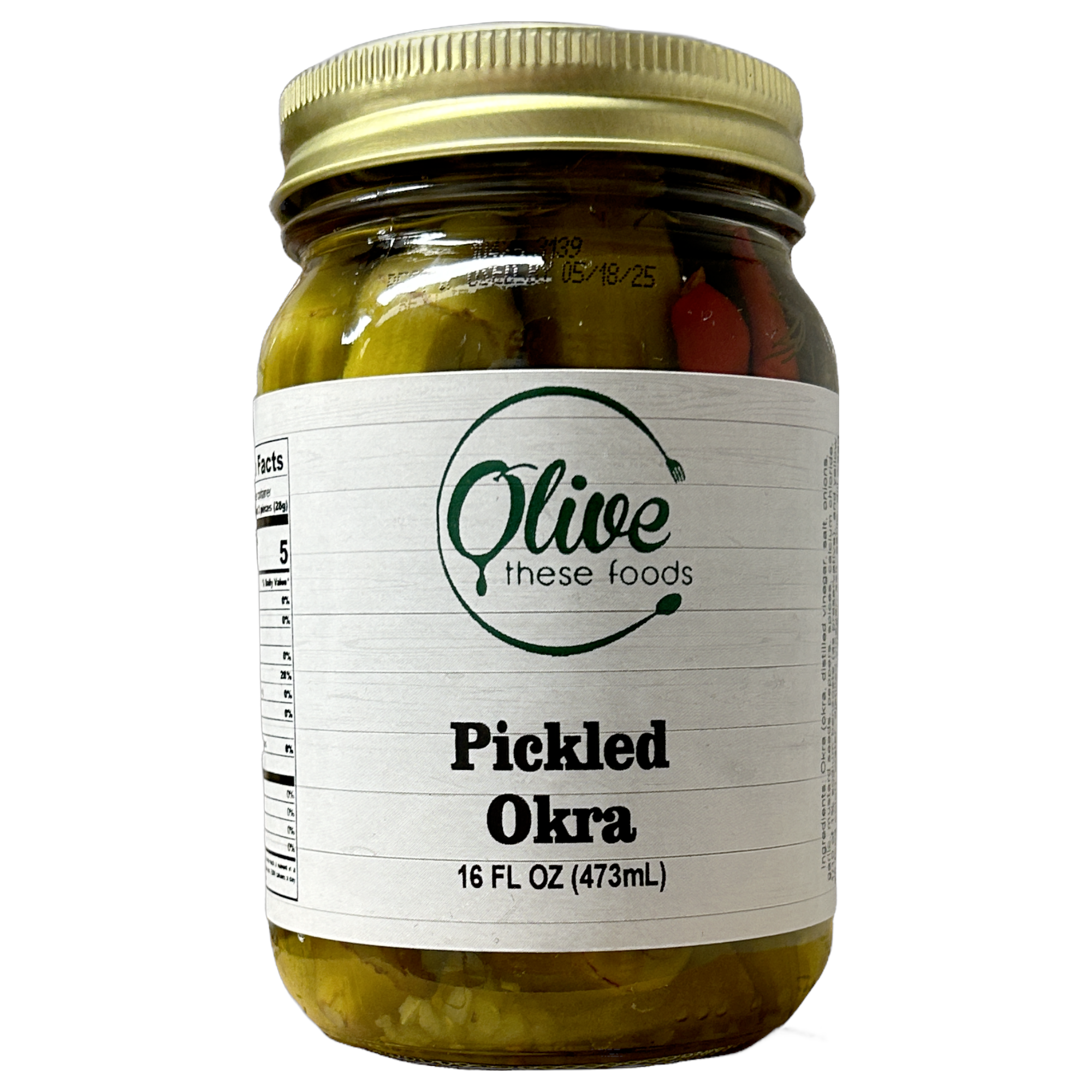 Jar of pickled okra with a label on a white background
