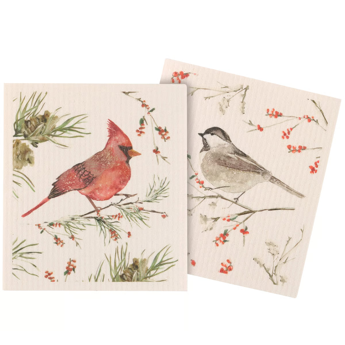 Two decorative towels with bird designs on a white background