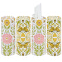 Four cylindrical tissue paper rolls with floral and butterfly designs on a white background