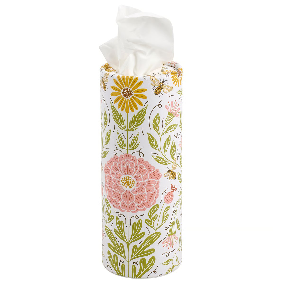 Tissue holder with floral design on a white background