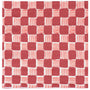 A close-up of a woven textile pattern featuring alternating red and white squares, with some squares filled with red stripes and others showing a textured weave.