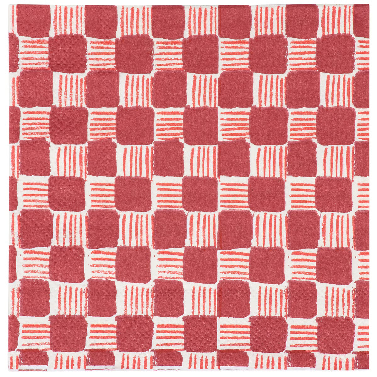 A close-up of a woven textile pattern featuring alternating red and white squares, with some squares filled with red stripes and others showing a textured weave.