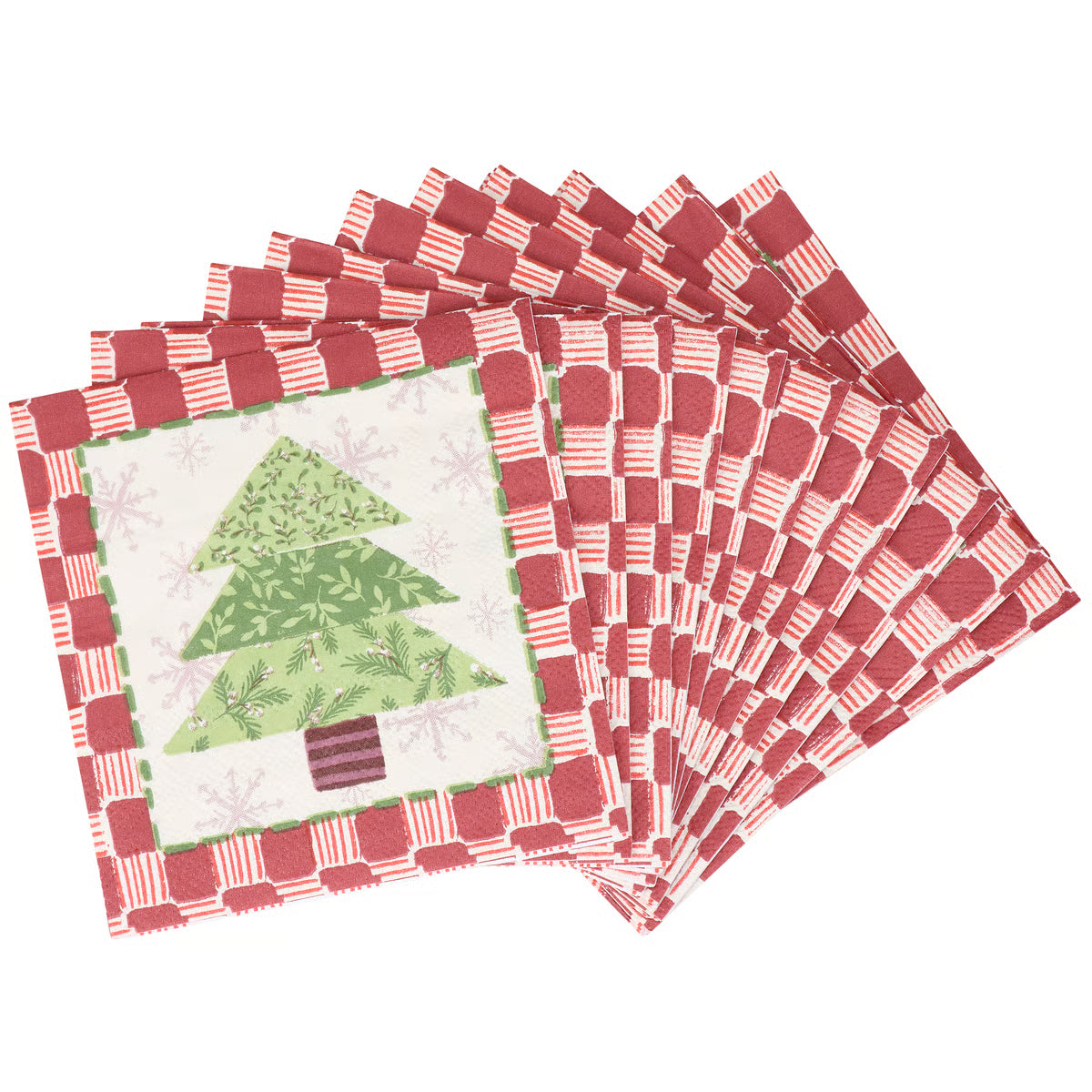 A set of six square fabric napkins fanned out on a white background. The napkins feature a red and white checkered border, with one napkin in the front displaying a green Christmas tree design on a white background with subtle snowflakes.