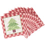 A set of six square fabric napkins fanned out on a white background. The napkins feature a red and white checkered border, with one napkin in the front displaying a green Christmas tree design on a white background with subtle snowflakes.