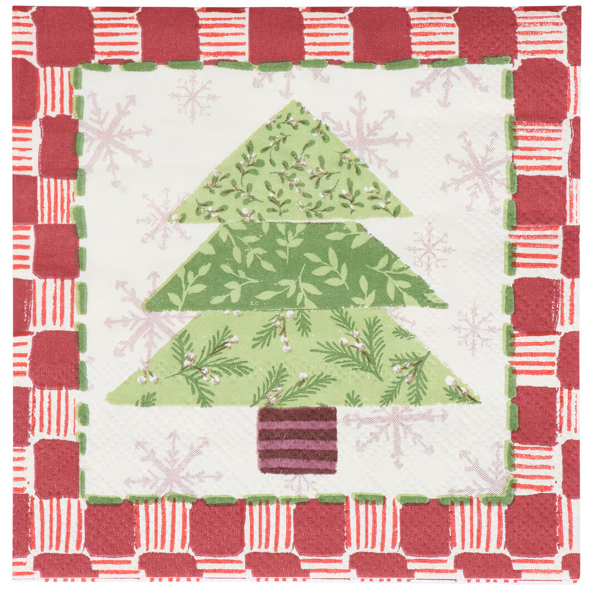 A square quilted napkin featuring a Christmas tree applique design. The tree is constructed from three layered green patterned triangles with pine branches and small white berries, set against a white background with light pink snowflakes.